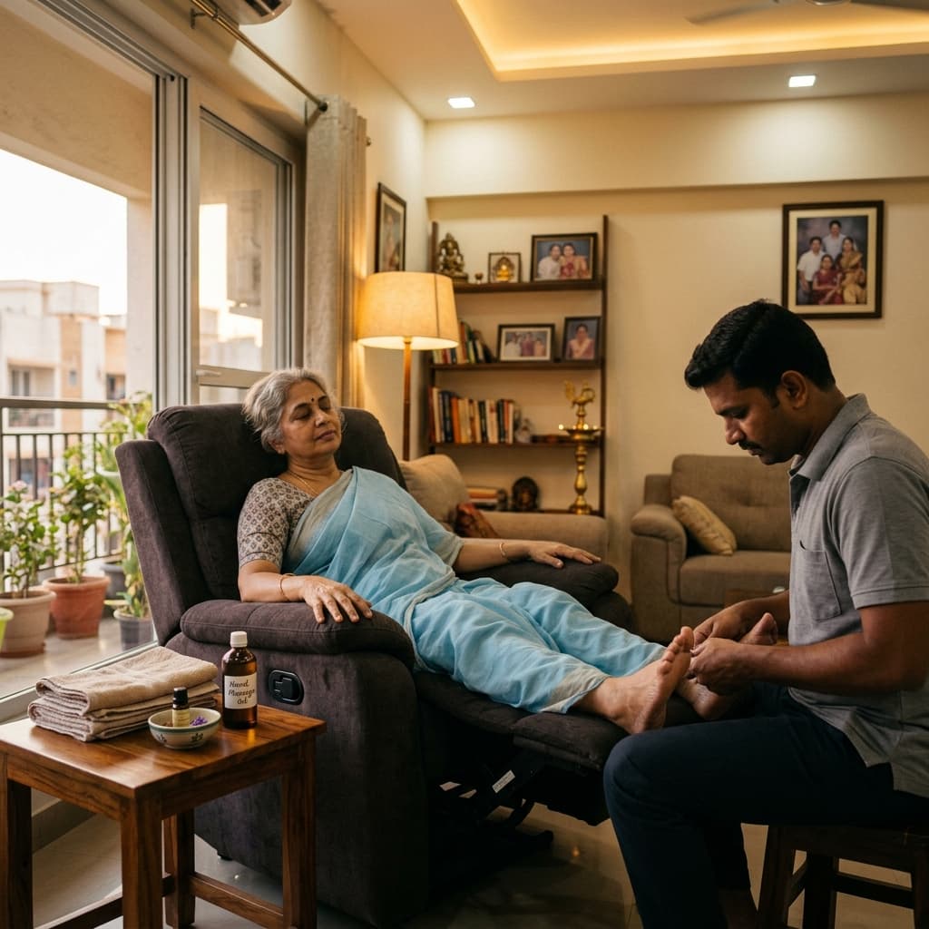 Male Therapist Performing Foot Reflexology for Tamil Nadu Female Client